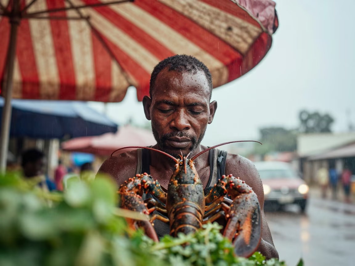 Weathered Fisherman Squinting Under Striped Awning in under a striped market awning near Ndola