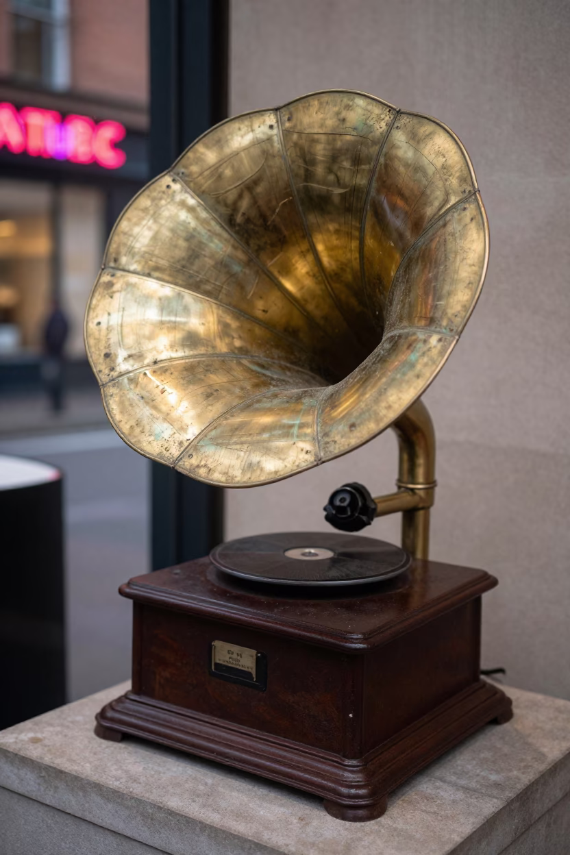 Weathered Gramophone on Museum Plinth in on a museum plinth near Sheffield