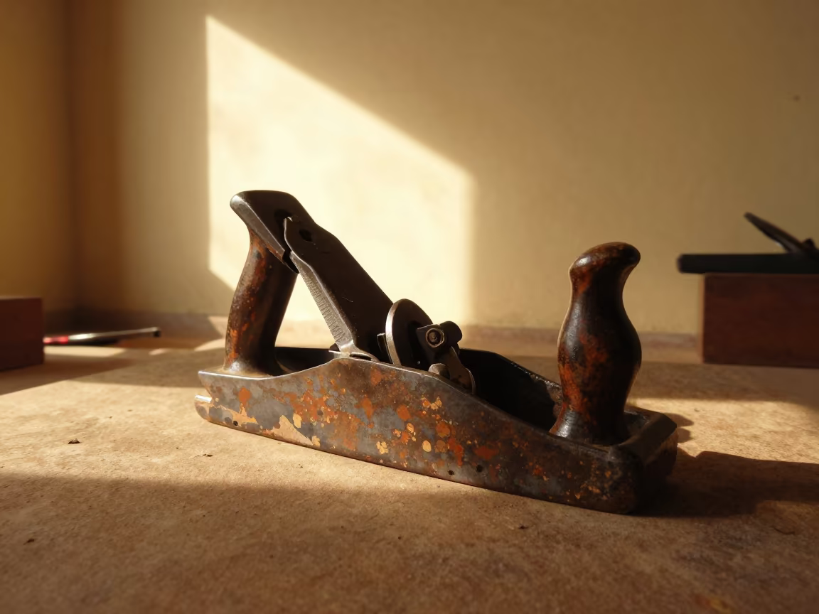 Weathered Hand Plane on Museum Plinth in on a museum plinth in Makeni