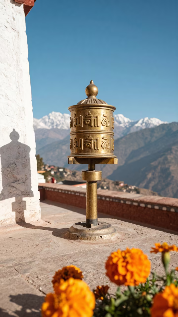 Weathered Hand Spins Prayer Wheel Monastery Terrace in along a monastery terrace facing a high pass near Kathmandu