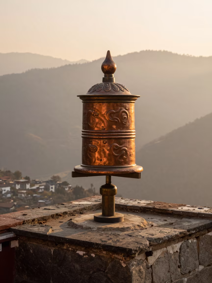 Weathered Hand Spinning Prayer Wheel at Golden Hour in on a monastery rooftop above a mountain valley near Kathmandu