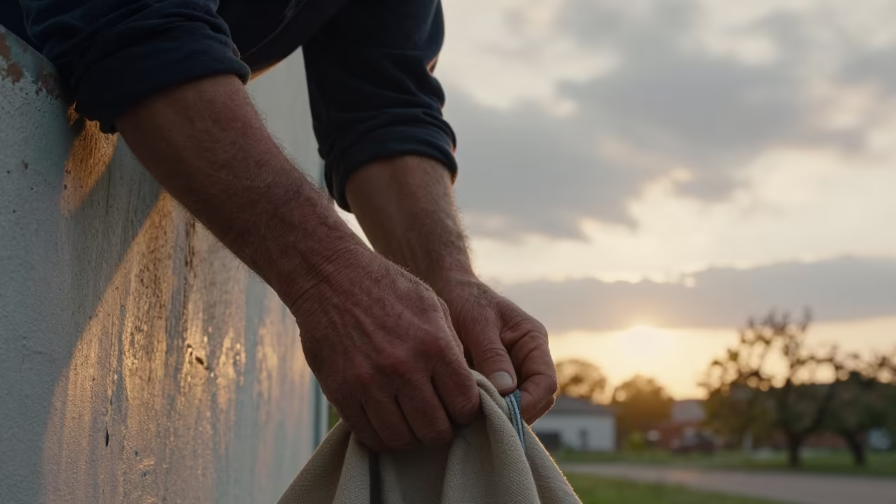 Weathered Hands Against Plaster Wall in against a sun-bleached plaster wall near Des Moines