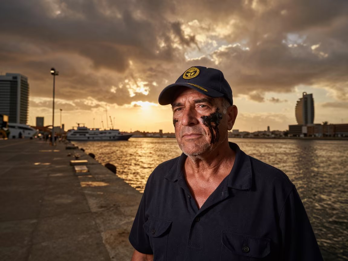 Weathered Harbor Pilot in Amber Sunset Light in beside a harbor wall near Barcelona