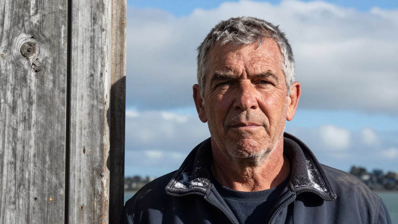 Weathered Harbor Pilot in Auckland Winter Light in against a weathered doorway near Karangahape Road, Auckland