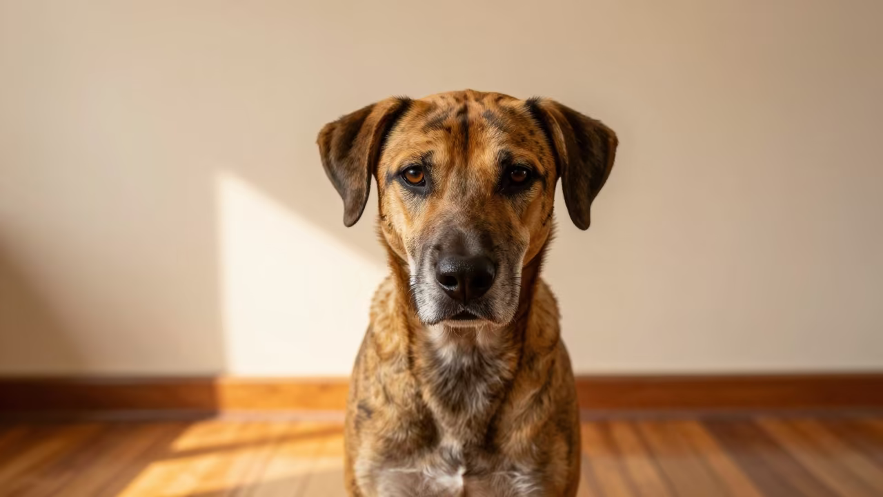 Weathered Harrier Portrait in Wolaita Sodo Home in beside a plain plaster wall in soft indoor light with the animal centered in frame near Wolaita Sodo