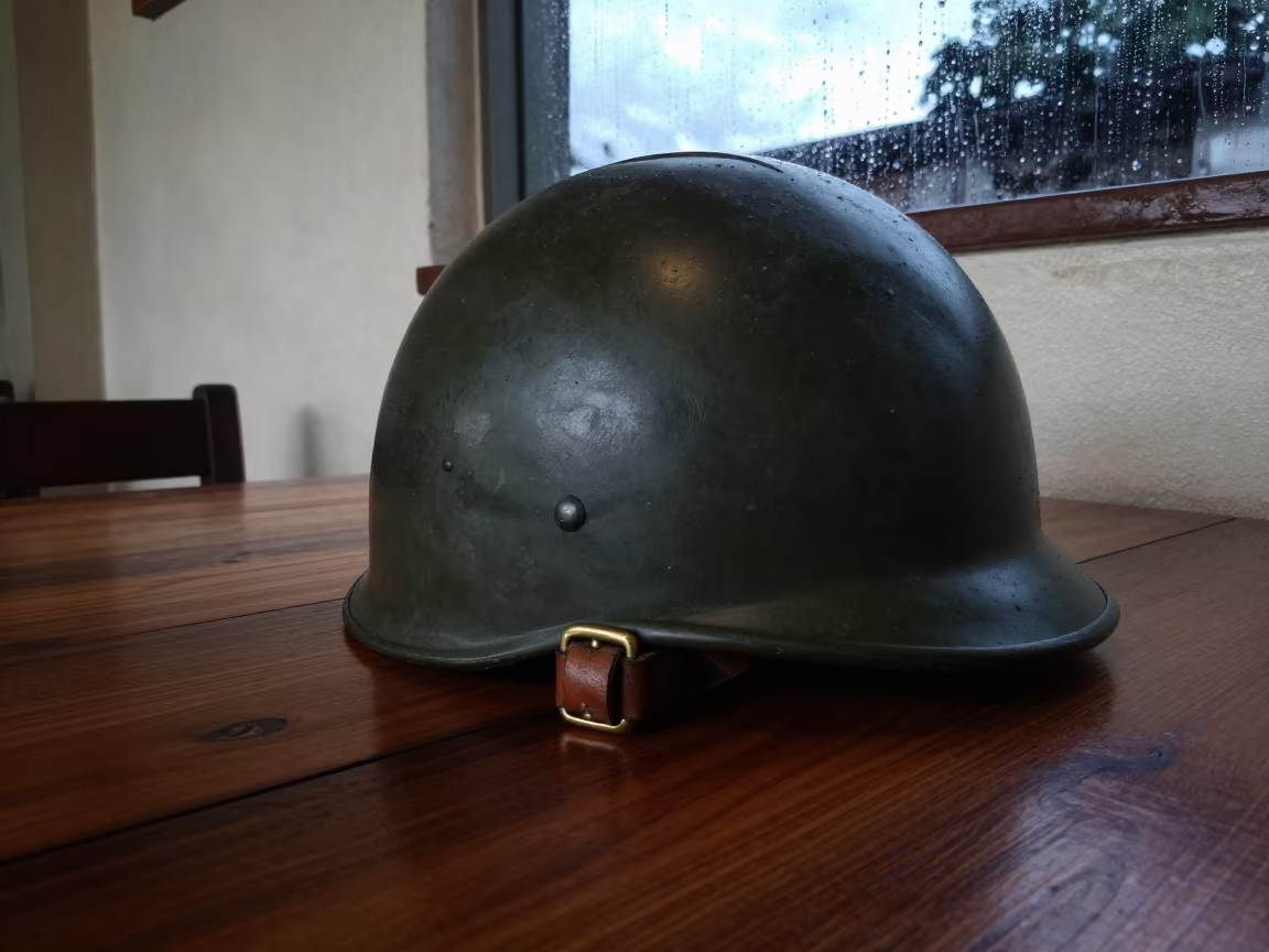 Weathered Helmet on Cafe Table Dawn Manaus in on a cafe table by a window near Manaus