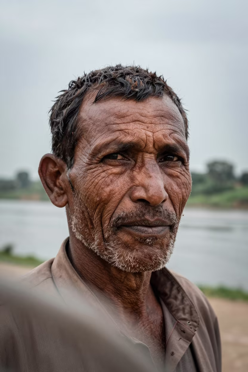 Weathered Herder Face Near Mandsaur River in near a riverside landing in Mandsaur