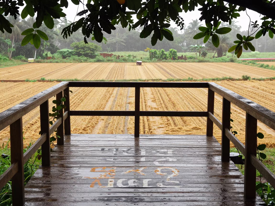 Weathered Hop Picking Platform in Equatorial Guinea Field in across a harvested grain field in Equatorial Guinea