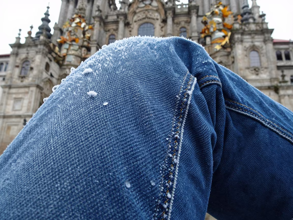 Weathered Indigo Denim Texture in Santiago Autumn Rain in in Santiago de Compostela
