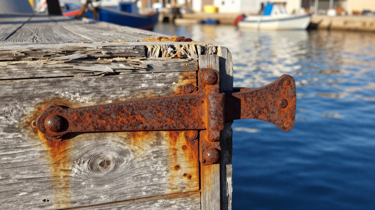 Weathered Iron Hinge on Harbor Plank in Mohammedia in at a harbor edge in Mohammedia