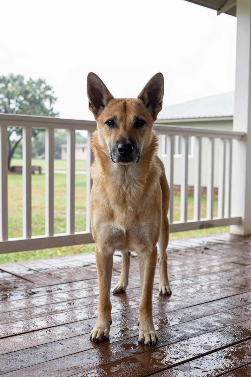 Weathered Kelpie Portrait on Shaded Ikeja Porch in on a shaded front porch with boards, railings, and eye-level framing in Ikeja