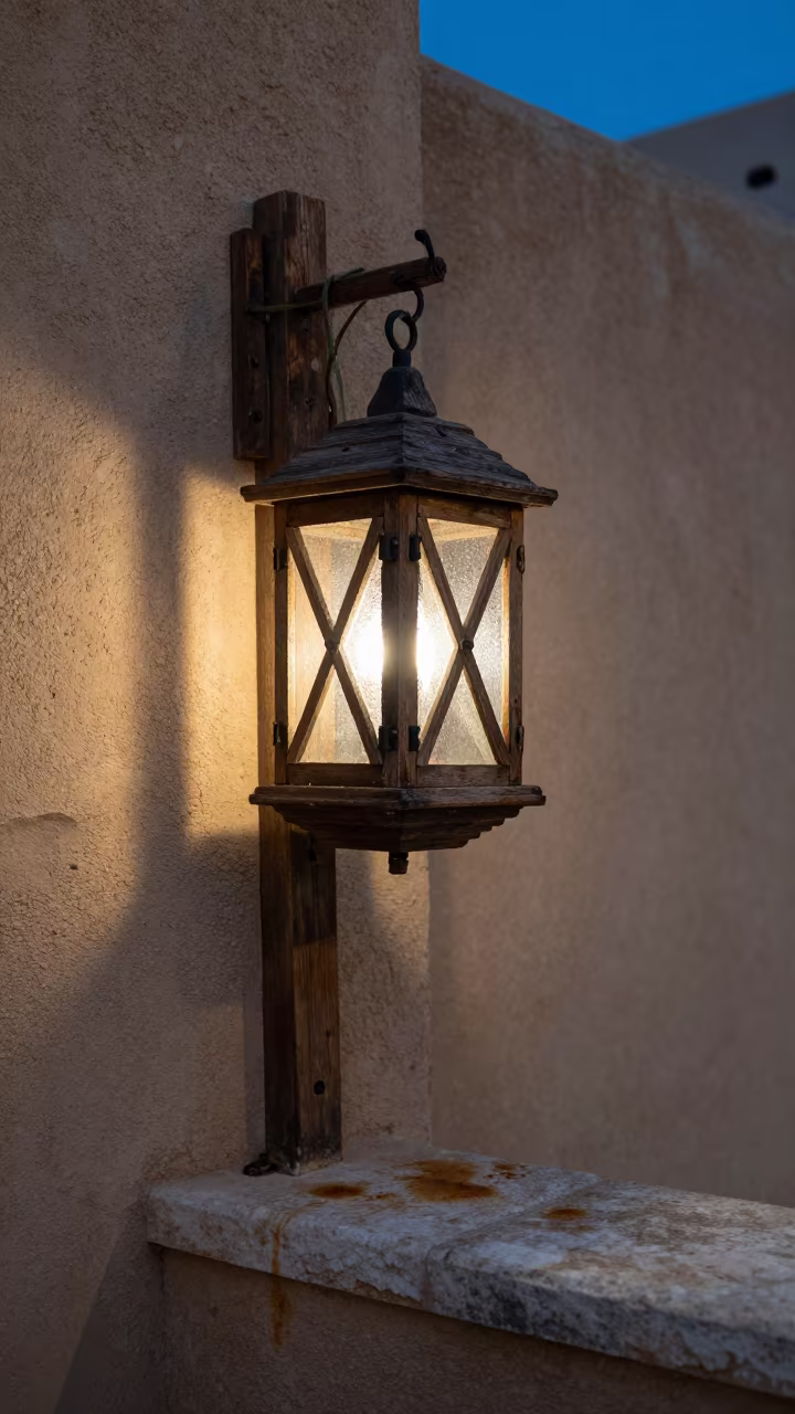 Weathered Lantern Pole on Tack Bench in on a stone ledge in Jeddah
