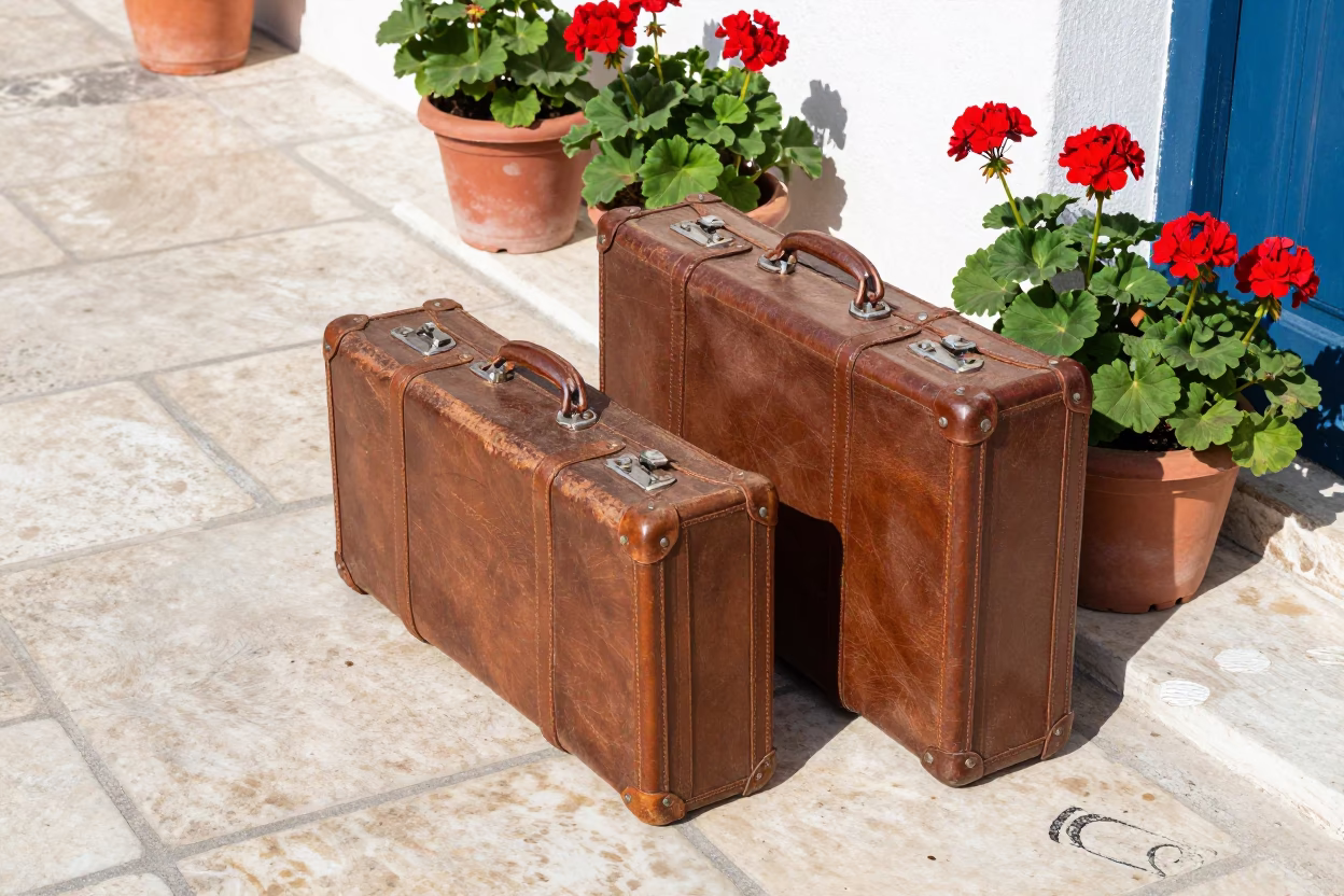 Weathered Leather Suitcases in Athens in in Athens, Greece