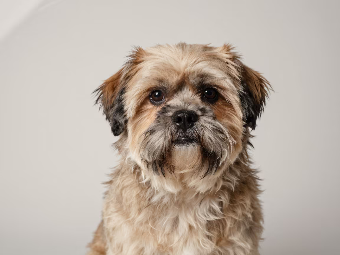 Weathered Lhasa Apso Portrait in Tbilisi Studio in in a quiet portrait studio with a plain backdrop and eye-level framing in Abanotubani, Tbilisi