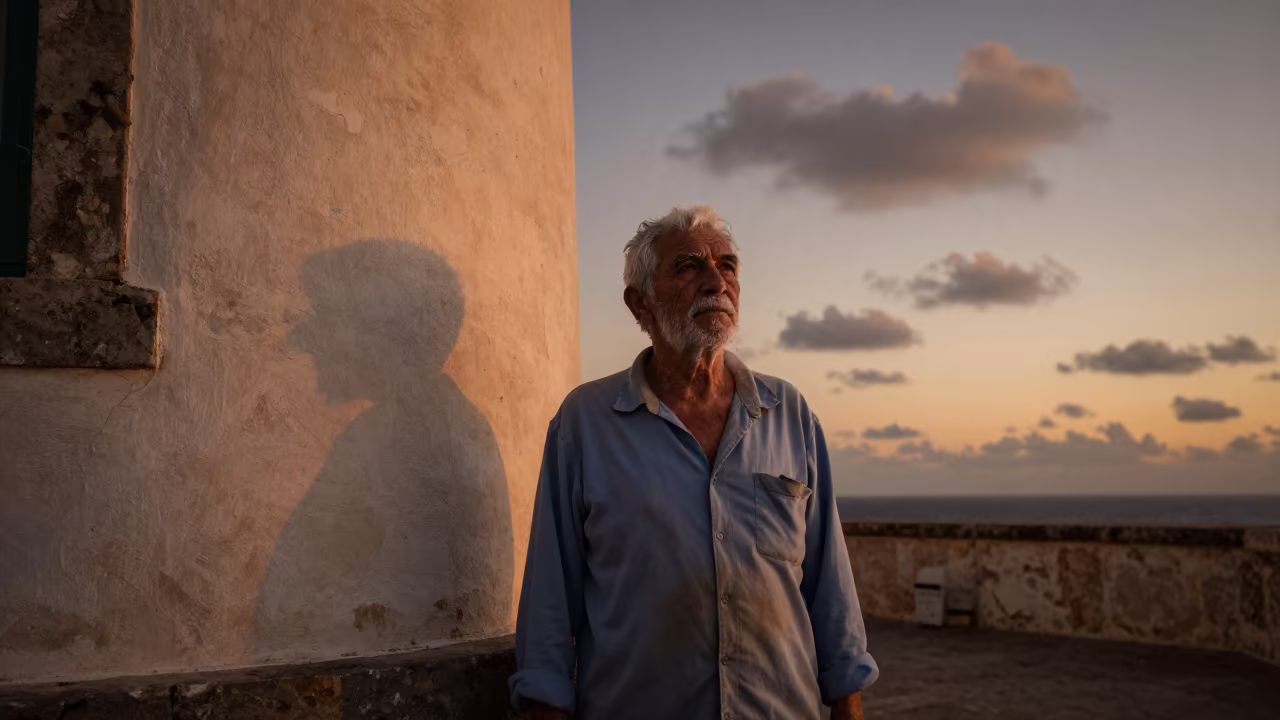 Weathered Lighthouse Keeper in Havana Amber Light in against a sun-bleached plaster wall near Centro Habana, Havana