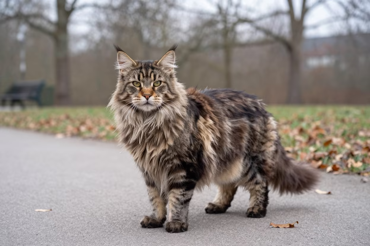 Weathered Maine Coon Cat Portrait Antwerp in along a quiet park path with soft open shade and a clean background near Antwerp