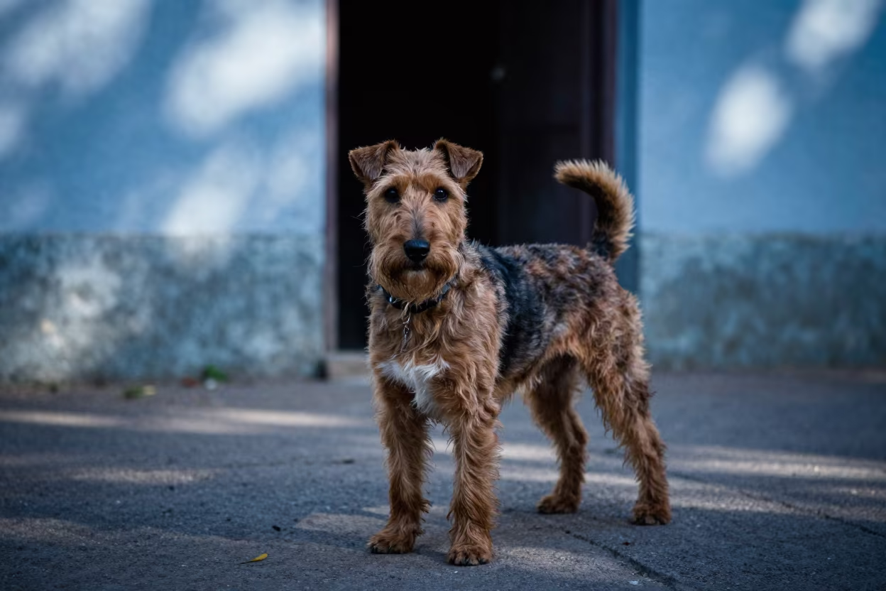 Weathered Manchester Terrier Portrait in Bauchi Shade in along a quiet park path with soft open shade and a clean background near Bauchi