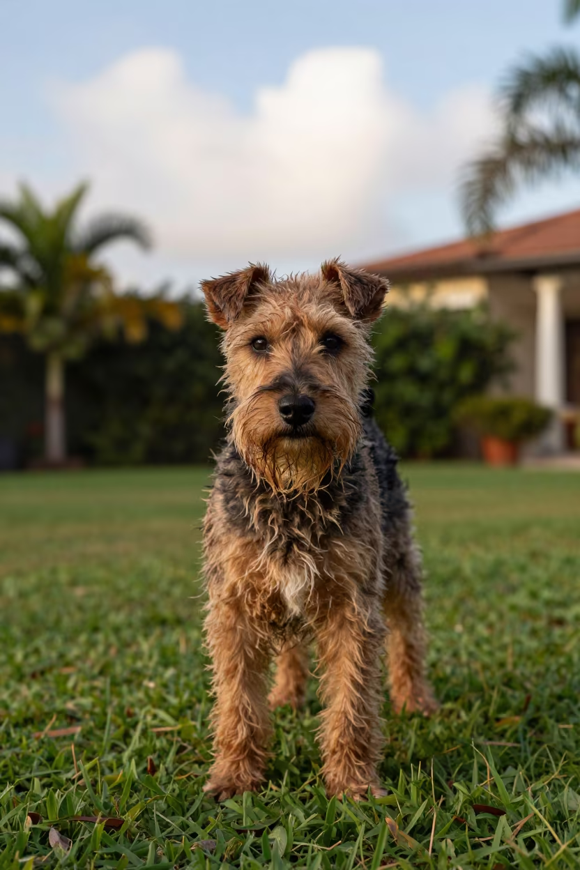 Weathered Manchester Terrier Portrait in Villa Nueva Yard in in a small yard with clipped grass, calm light, and the animal centered in frame in Villa Nueva