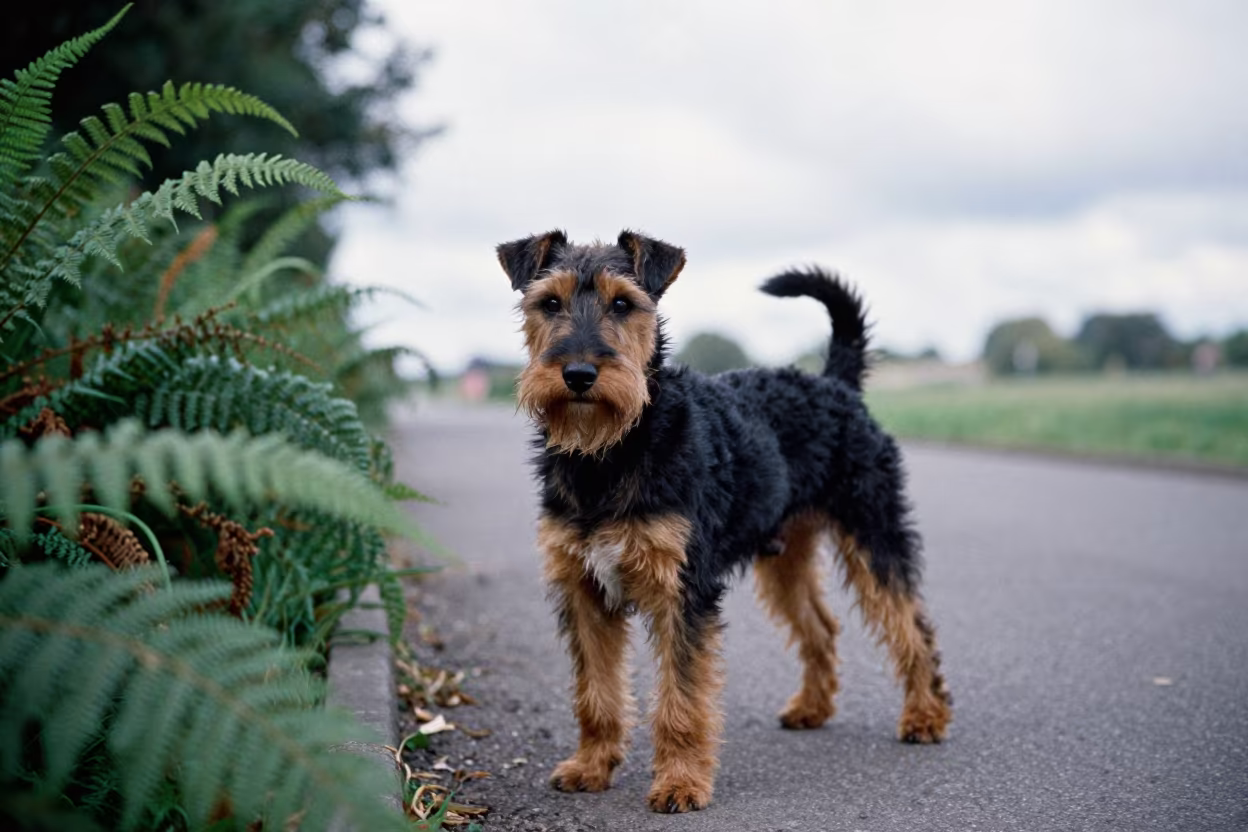 Weathered Manchester Terrier Portrait in Xixón Park in along a quiet park path with soft open shade and a clean background in Xixón