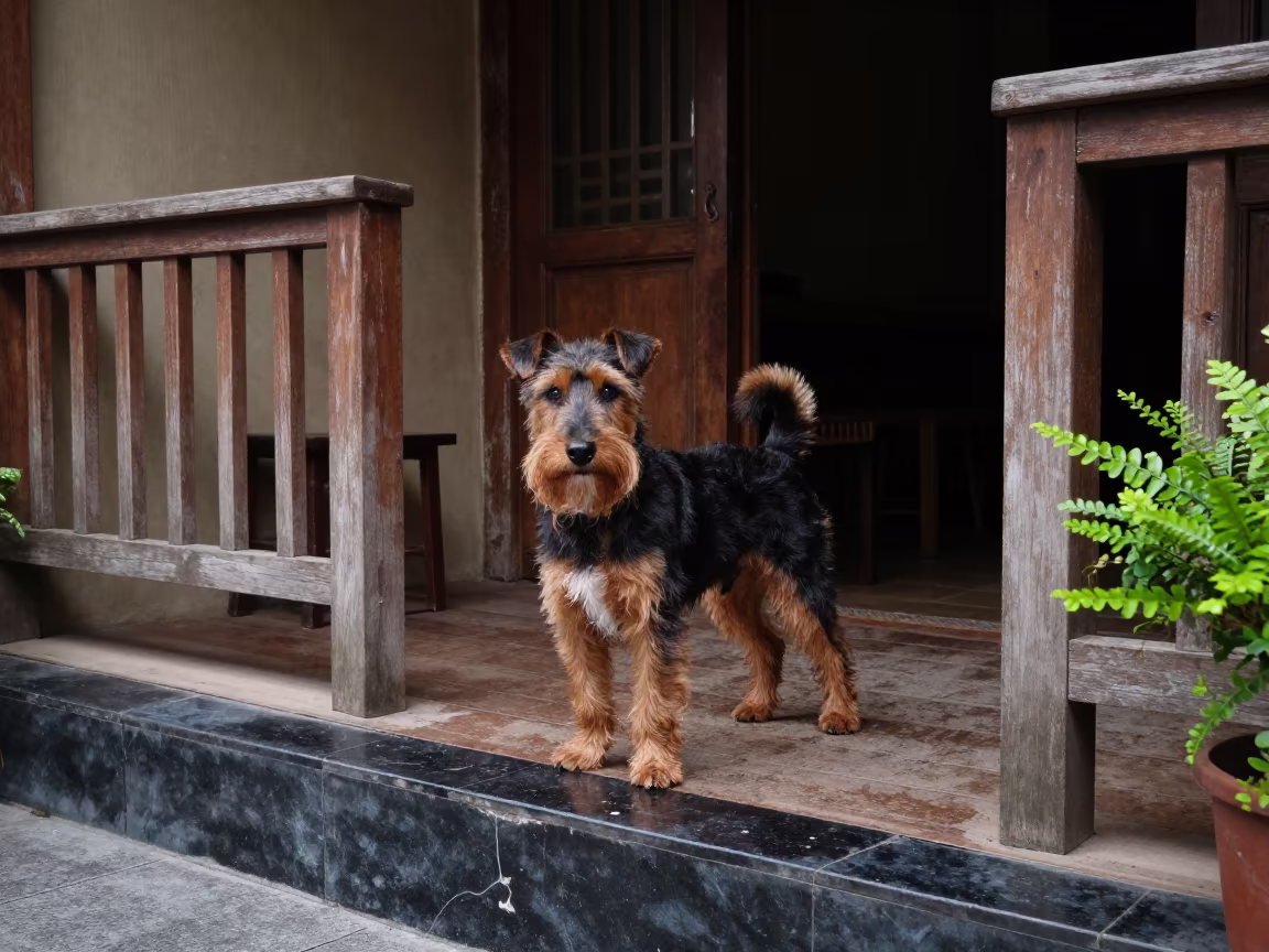 Weathered Manchester Terrier Portrait on Hanoi Porch in on a shaded front porch with boards, railings, and eye-level framing near Hanoi