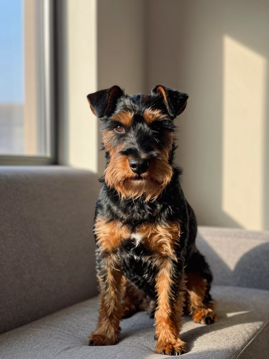Weathered Manchester Terrier Portrait on Sofa in on a sofa near a curtained window with calm indoor light in Toyama