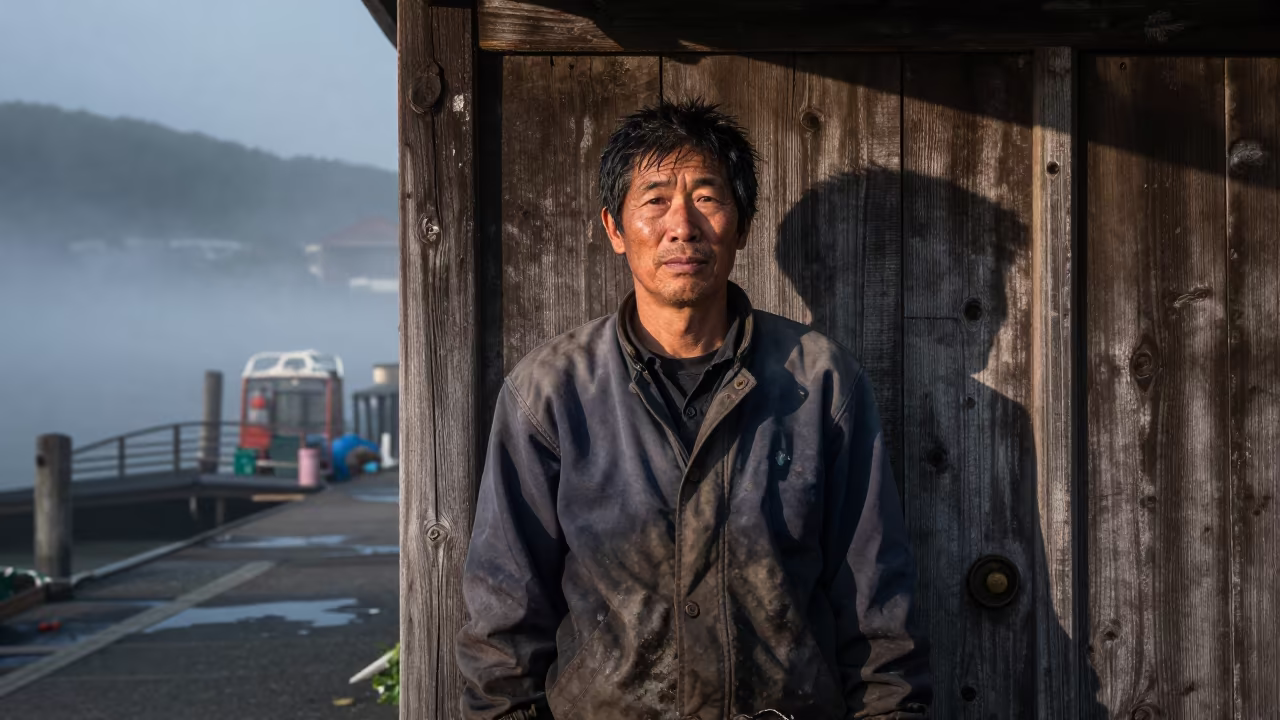 Weathered Market Gardener Portrait in Osaka Fog in against a weathered doorway near Osaka
