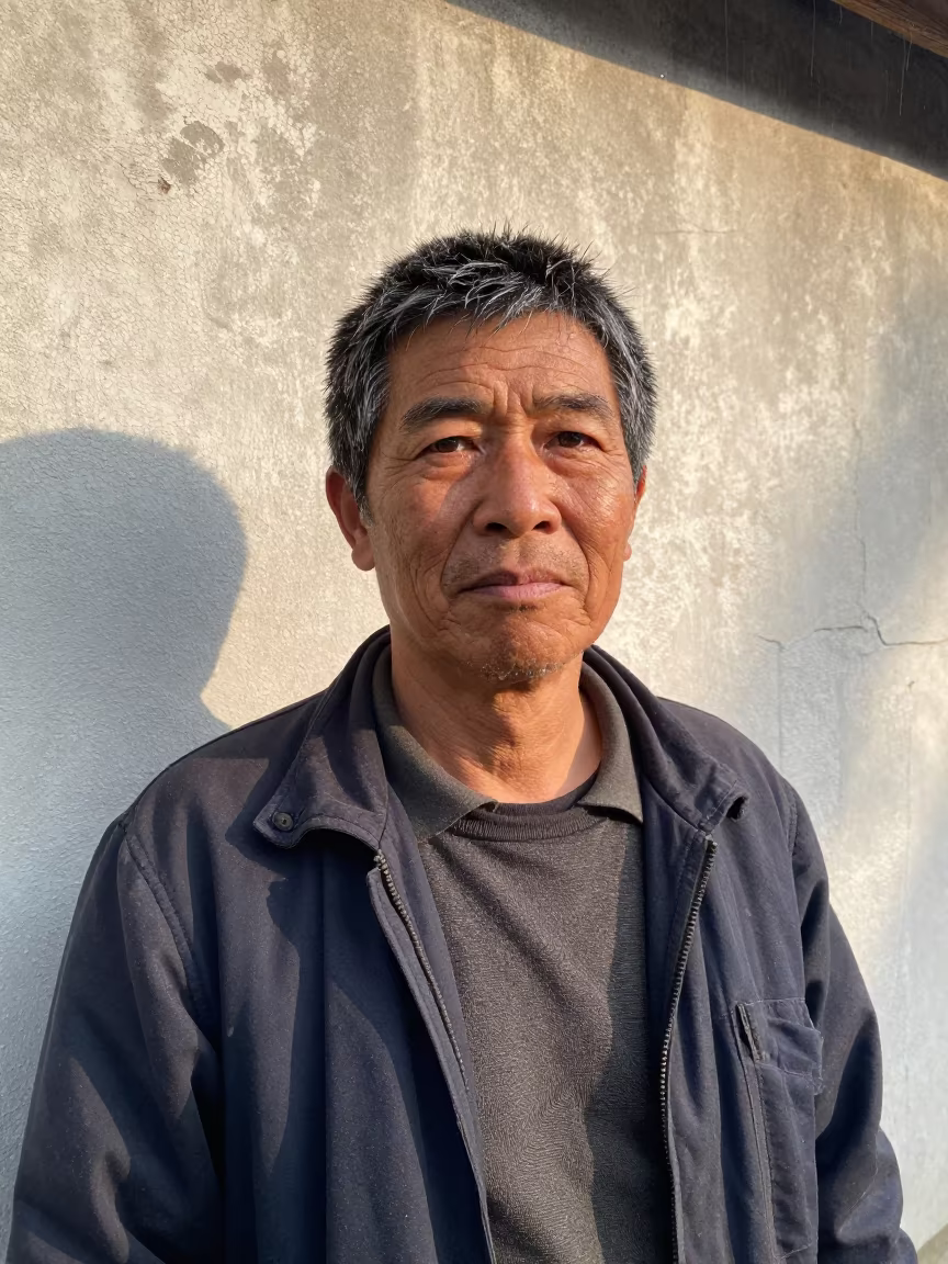 Weathered Market Gardener in Osaka Harbor Fog in against a sun-bleached plaster wall near Namba, Osaka