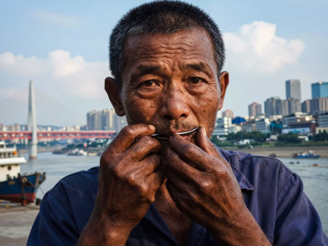 Weathered Mechanic Hands Chongqing Harbor in at a harbor edge in Chongqing