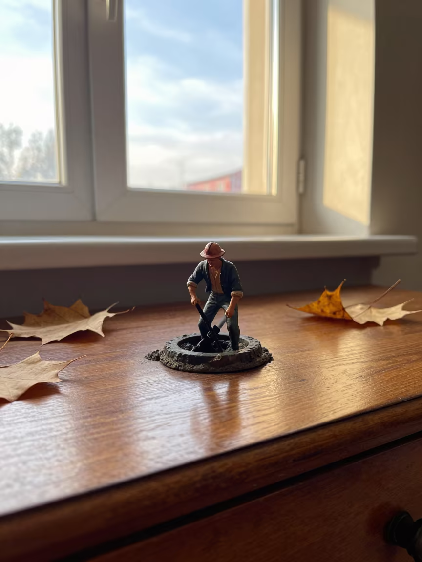 Weathered Miner Figurine on Moscow Dresser in on a hotel dresser near Moscow