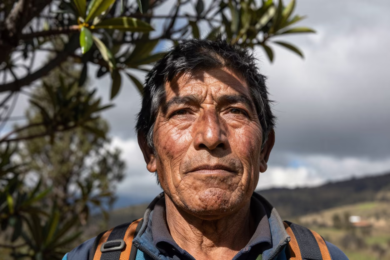Weathered Mountain Guide Face in Dappled Light in near Guapulo, Quito