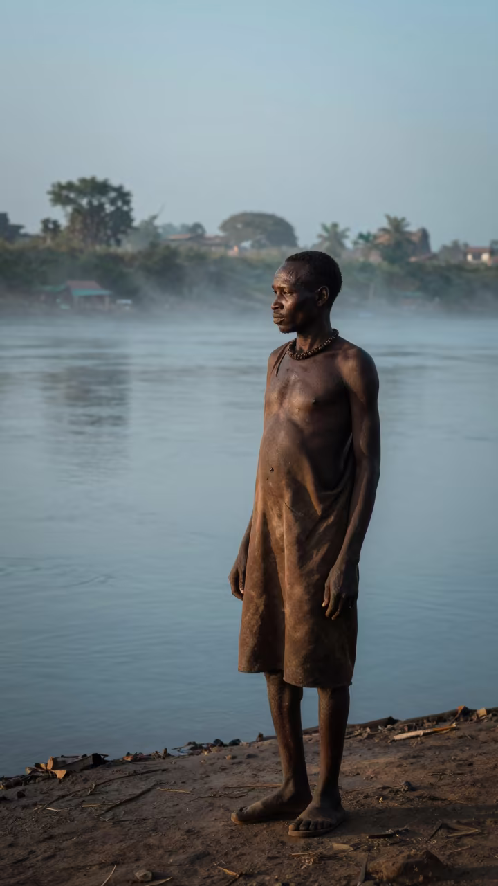 Weathered Nomadic Herder at Douala Riverside Dawn in near a riverside landing in Douala