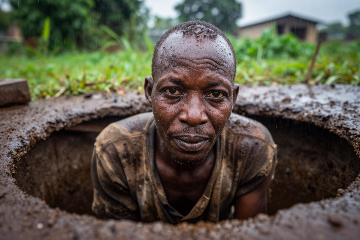 Weathered Opal Miner Emerging from Shaft in Rain in in Ilorin
