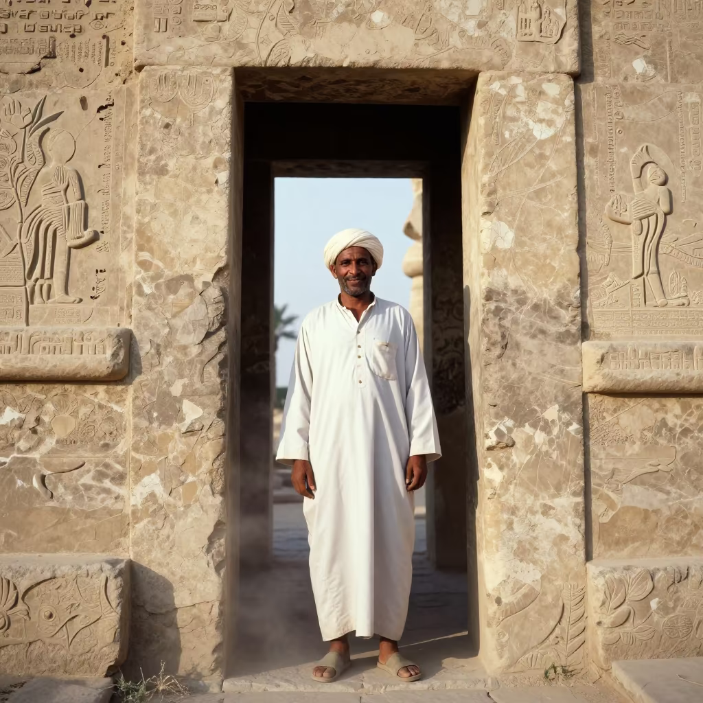 Weathered Pear Farmer at Luxor Temple Doorway in against a weathered doorway near Luxor Temple, Luxor