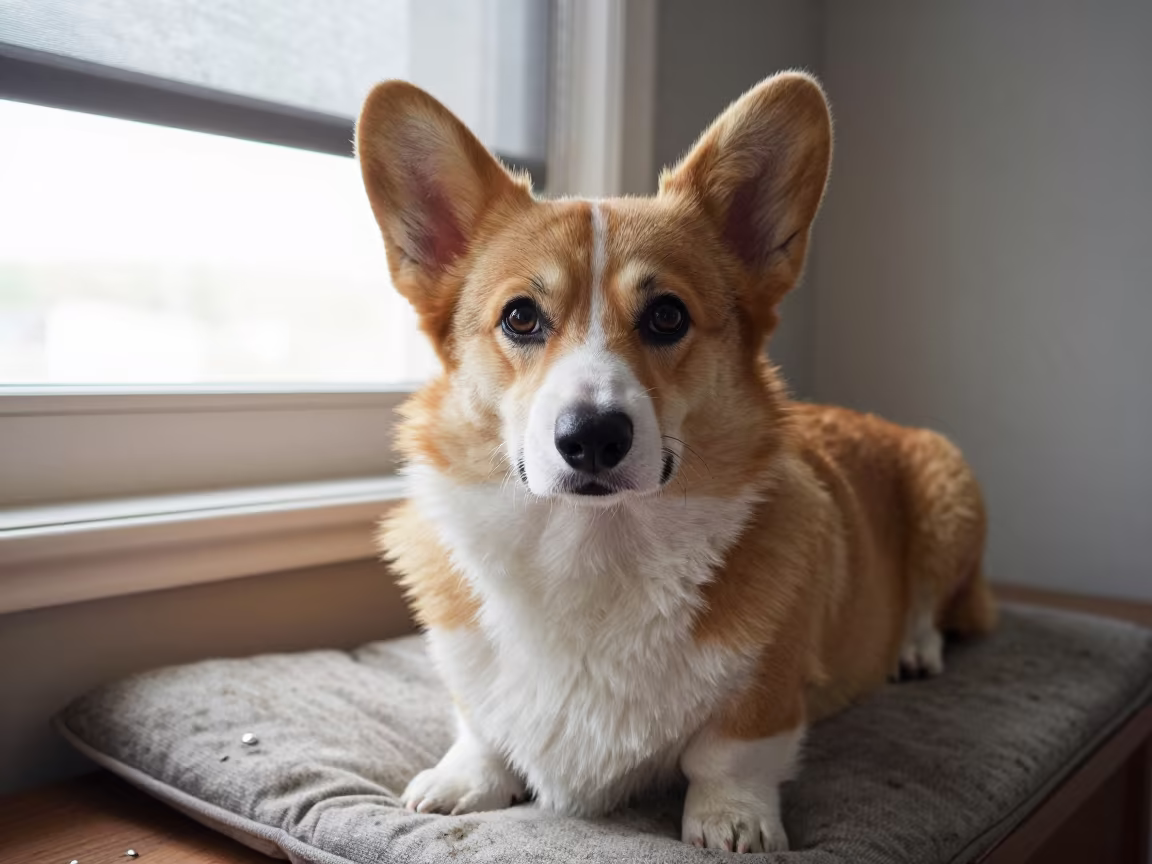 Weathered Pembroke Welsh Corgi Portrait in on a cushioned window seat with soft side light and an uncluttered background in Faiyum