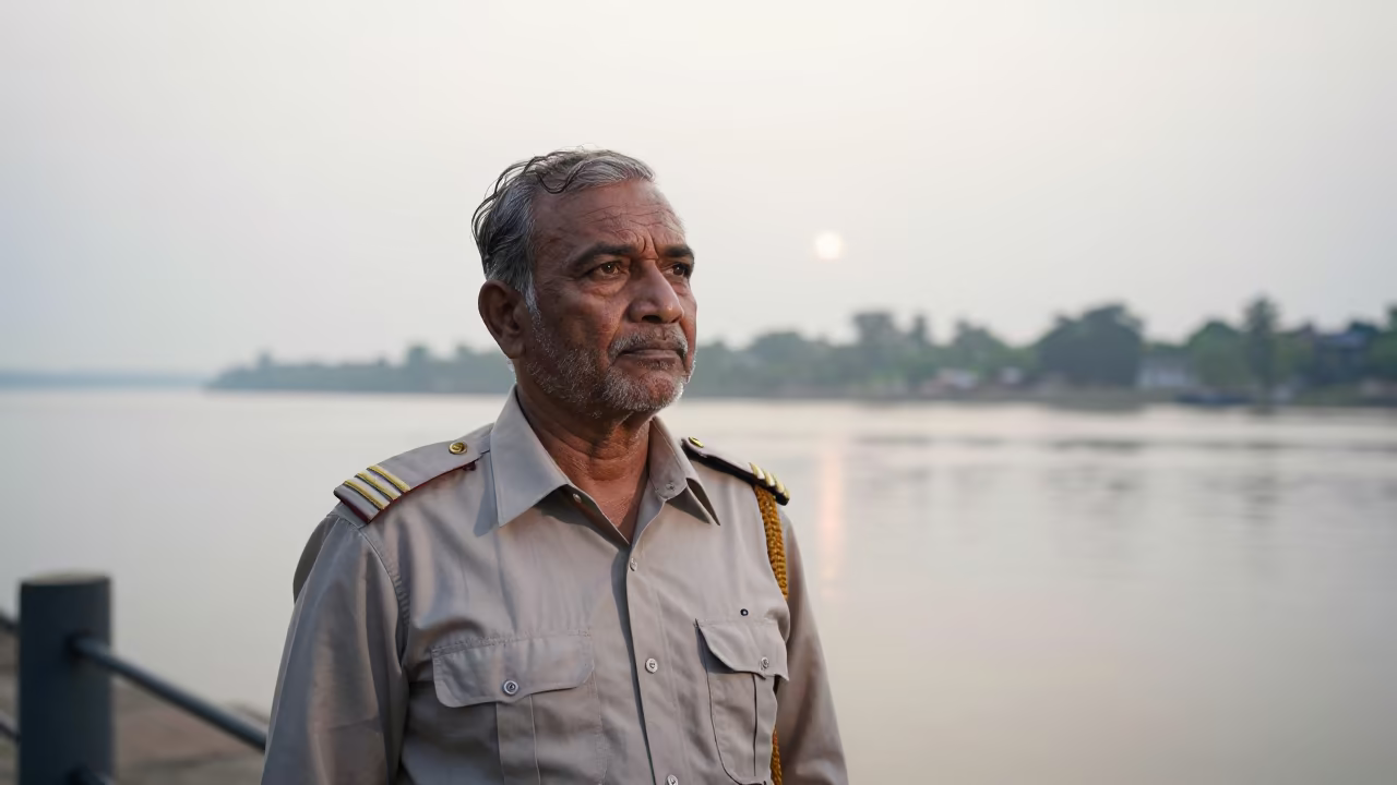 Weathered Pilot Forehead Altitude Lines Riverside in near a riverside landing in Machilipatnam