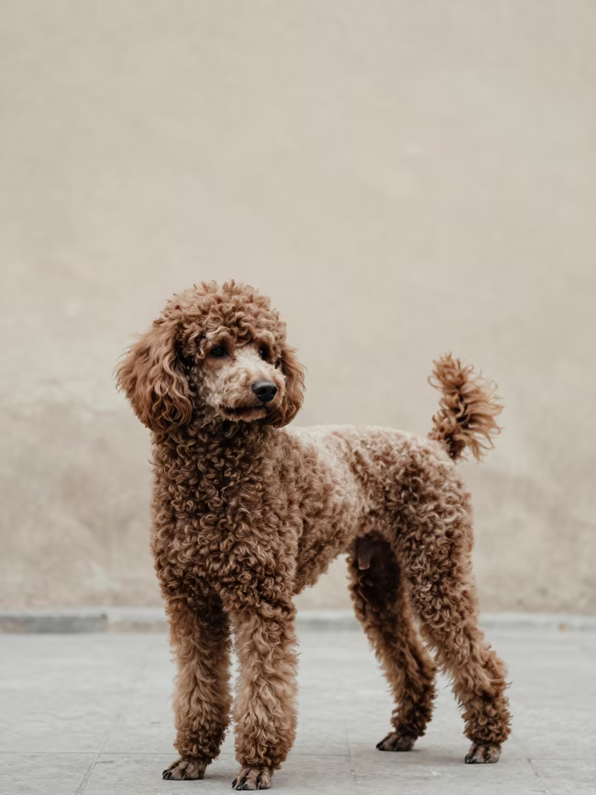 Weathered Poodle Portrait Al-Fashir Courtyard in beside a plain courtyard wall in clear daylight with the animal at eye level in Al-Fashir