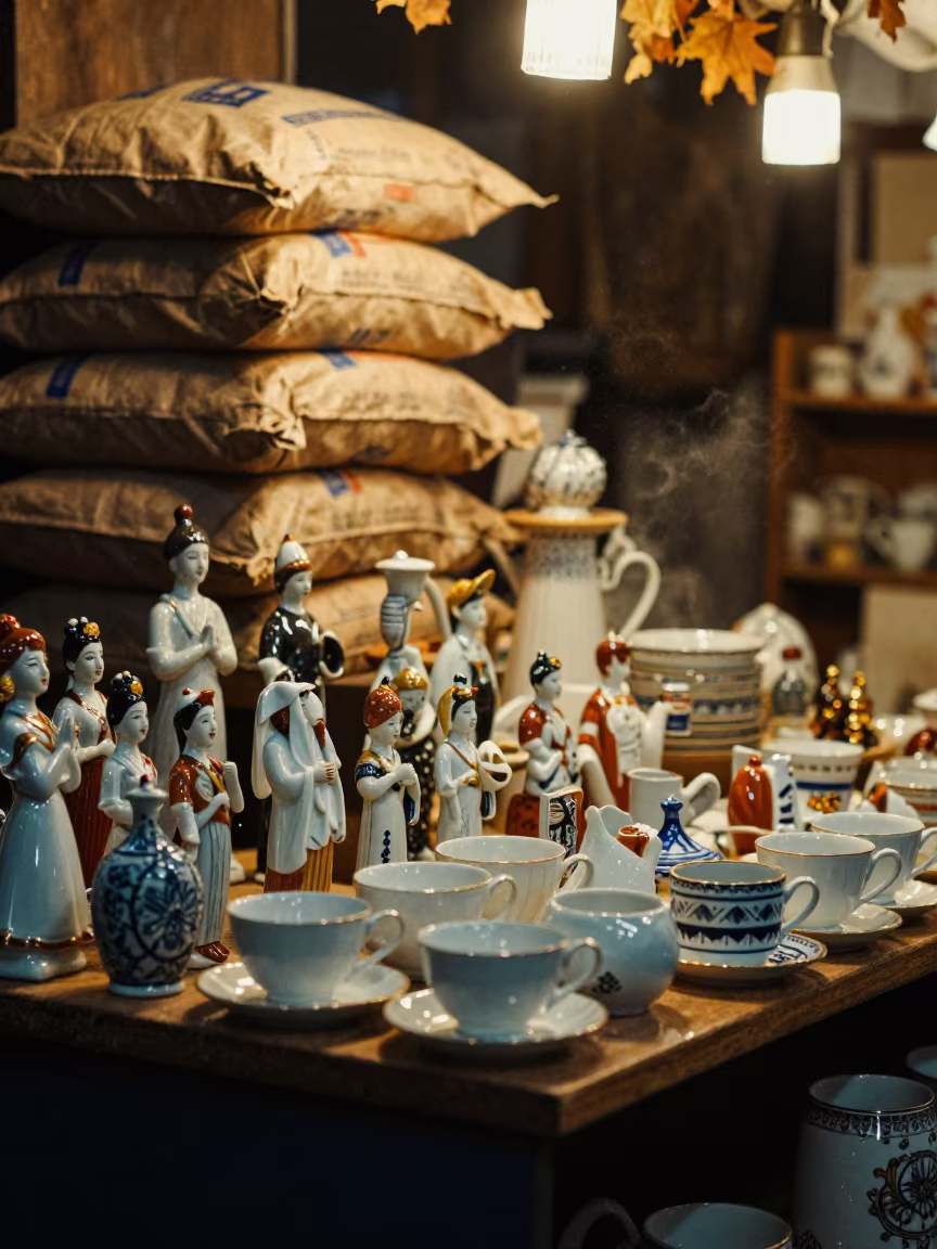 Weathered Porcelain Figurines on Isfahan Market Counter in on a grocer's counter with stacked paper sacks in Isfahan