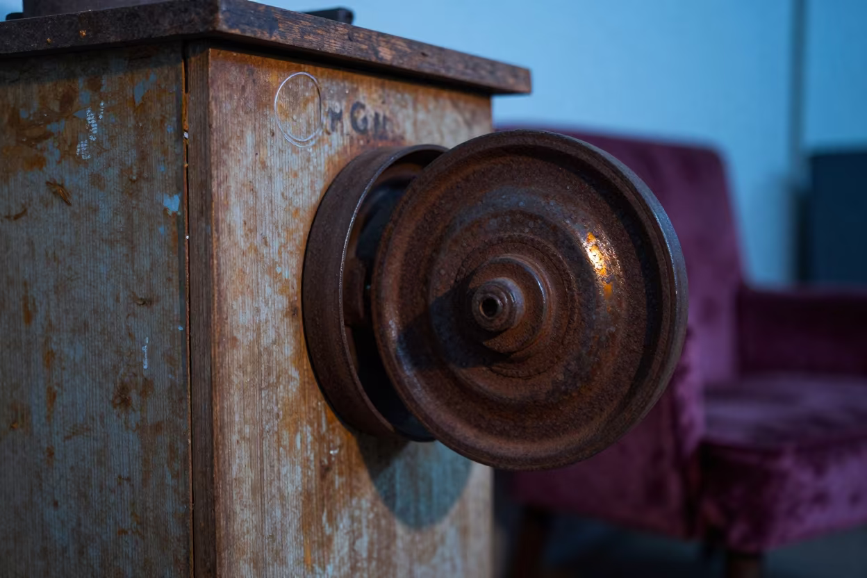 Weathered Pulley on Painted Cabinet in Nairobi Twilight in on a velvet chair near Nairobi