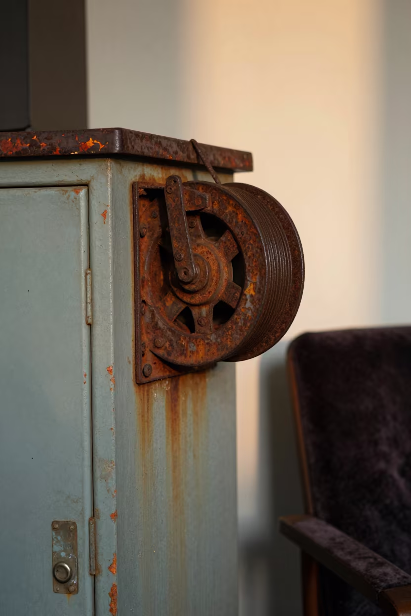 Weathered Pulley on Velvet Chair in Isfahan in on a velvet chair near Isfahan