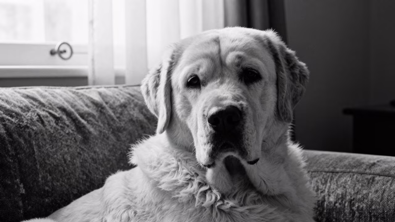 Weathered Pyrenean Mastiff Portrait Near Window in on a sofa near a curtained window with calm indoor light near Reggio Emilia