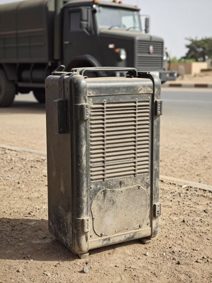 Weathered Radio Case Silhouetted Niger Convoy in beside a convoy halt on open ground in Niger