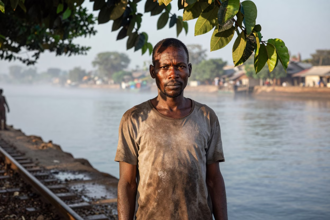 Weathered Railroad Hand Portrait at Kisangani Harbor in at a harbor edge in Kisangani