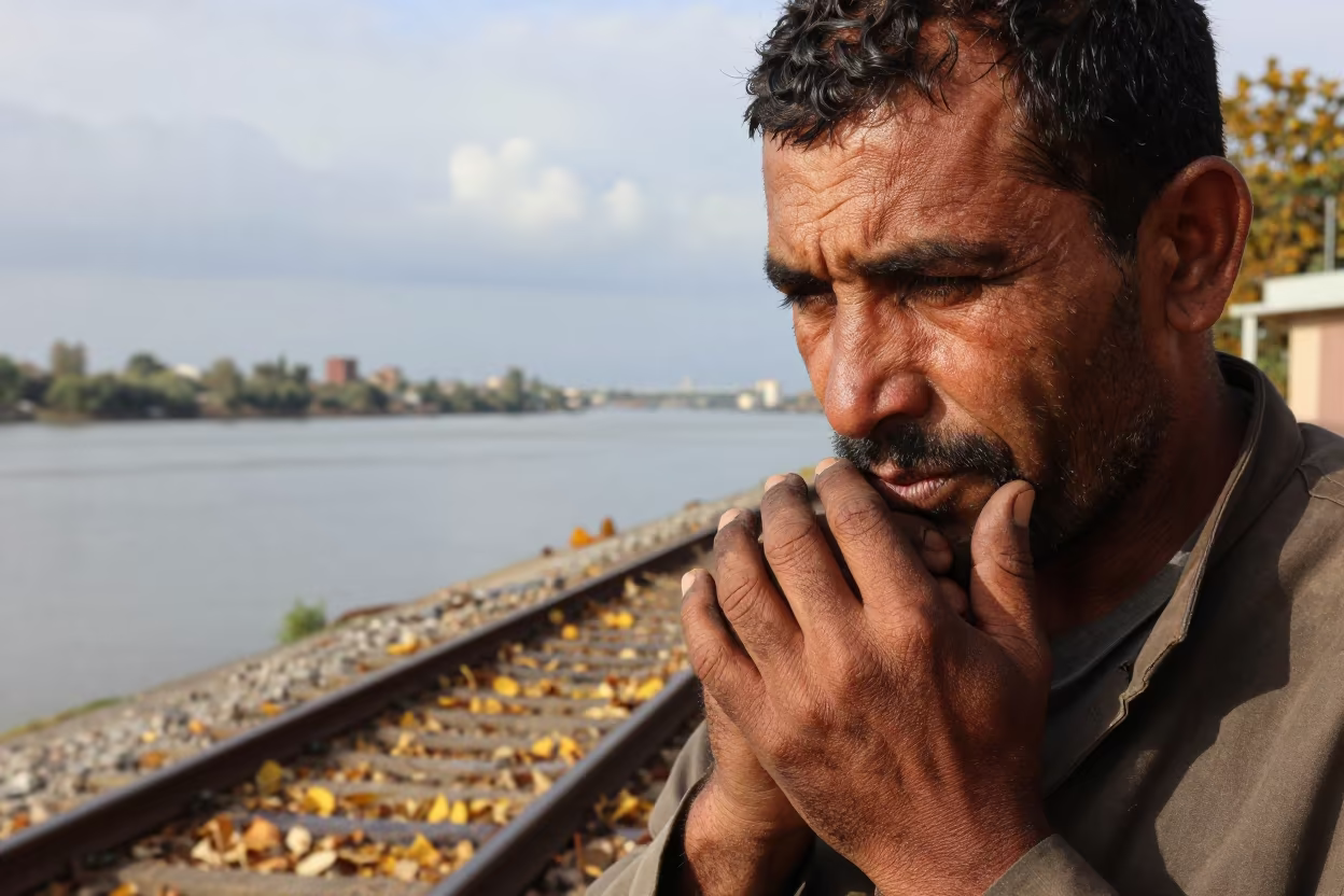 Weathered Railroad Worker in Autumn Rain in near a riverside landing in Karbala