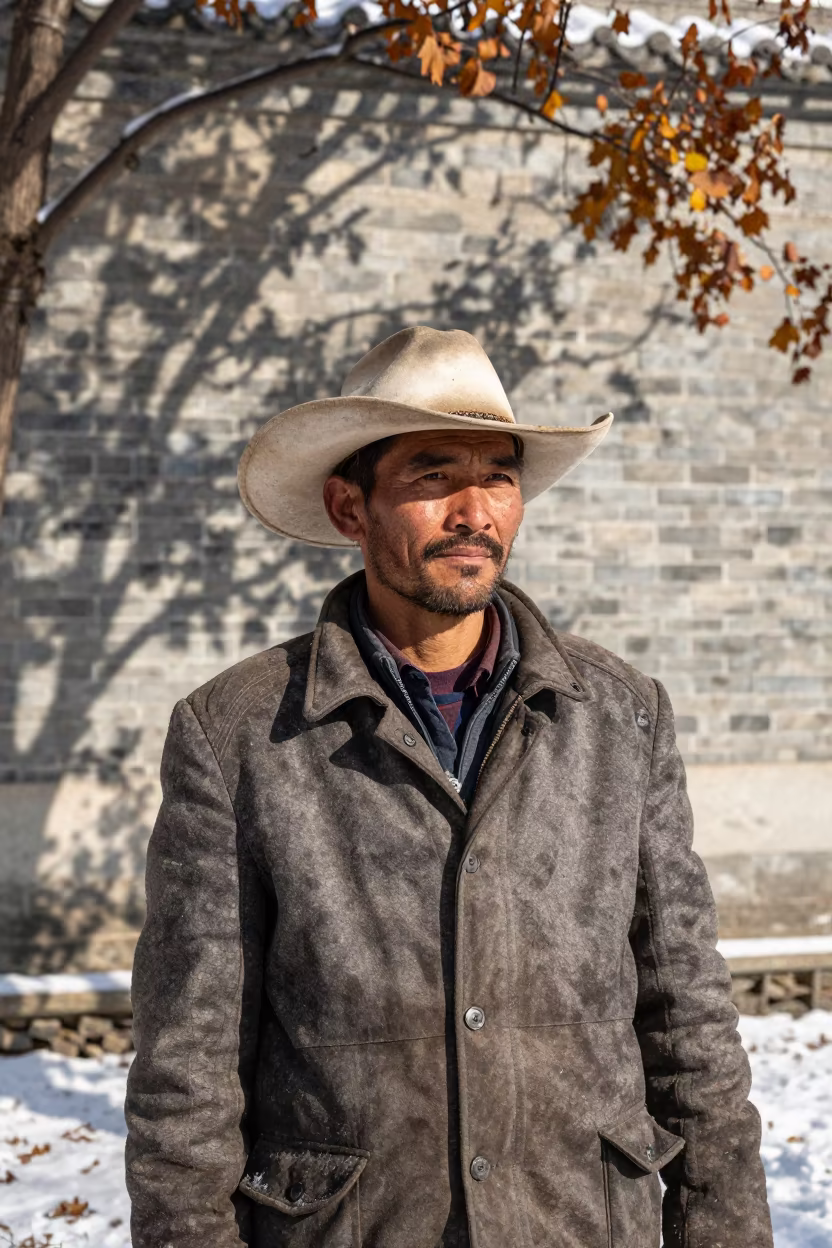 Weathered Rancher in Nanjing Autumn Snow in in Nanjing