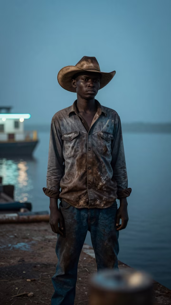 Weathered Rancher in Neon Predawn Harbor Light in at a harbor edge in Mbuji-Mayi