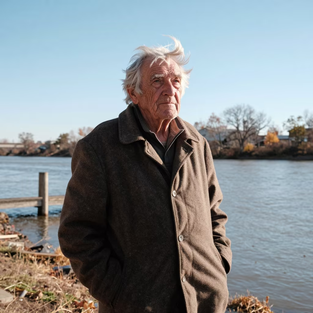 Weathered Face of Retired Wool Shearer in near a riverside landing in Rapid City