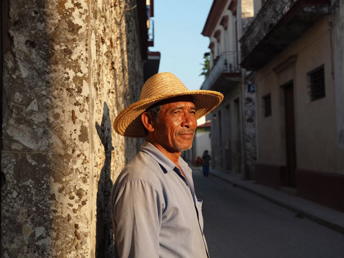 Weathered Rice Farmer in Havana Golden Hour in in a narrow stone alley near Havana