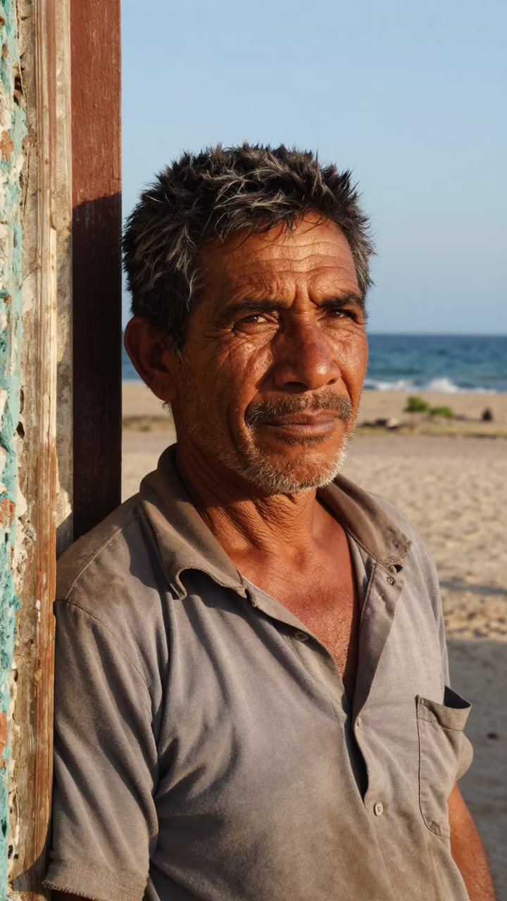 Weathered Rice Farmer Squinting in Havana Light in against a weathered doorway near Vedado, Havana