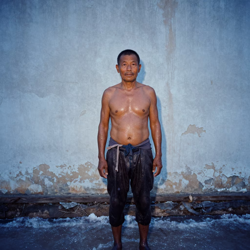 Weathered Salt Flat Harvester at Blue Hour in against a sun-bleached plaster wall near People's Park, Chengdu