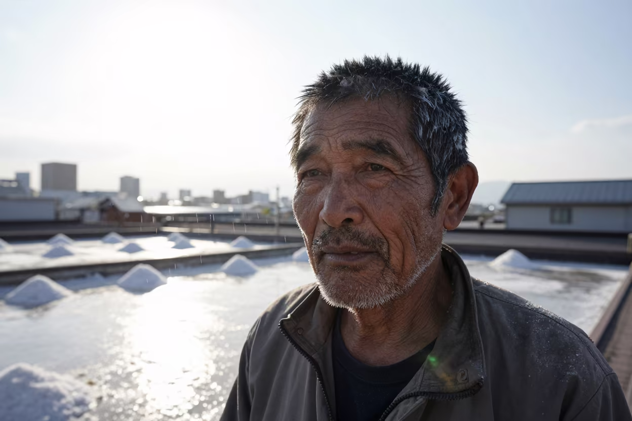 Weathered Salt Harvester Face Under White Sun in along a windswept rooftop near Chiba